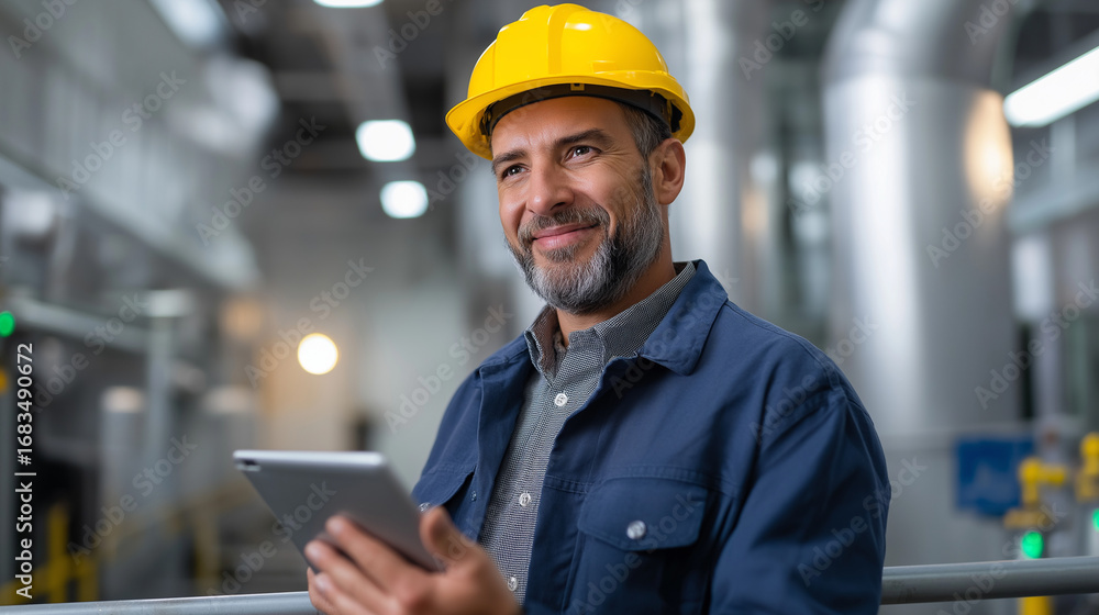 Aufkleber engineer with tablet on steel catwalk between distillation columns checking sensor readings on scree