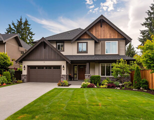 Charming residential real estate home suburban neighborhood exterior view lush green environment inviting concept