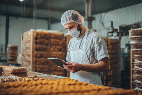 Food production worker using tablet for quality control in factory.