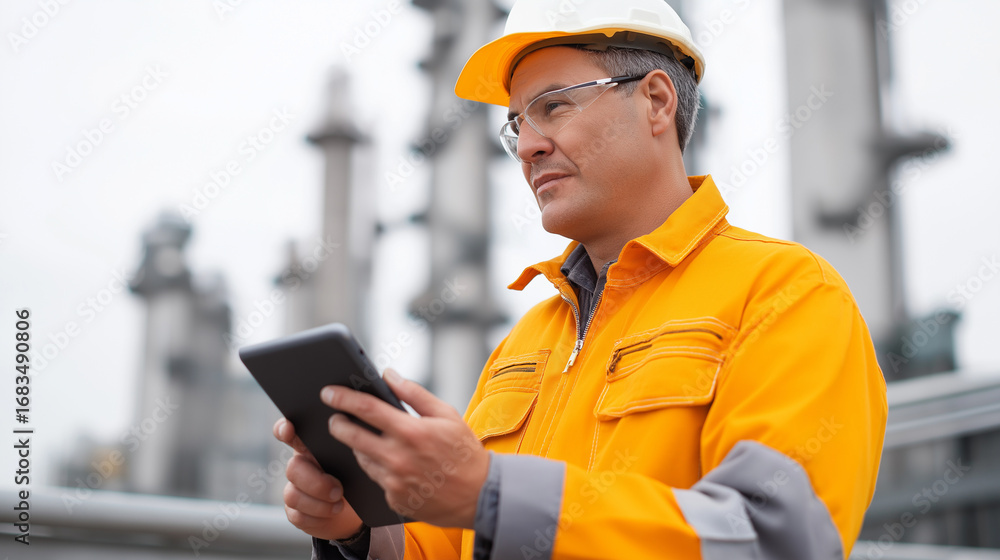 Aufkleber engineer with tablet on steel catwalk between distillation columns checking sensor readings on scree