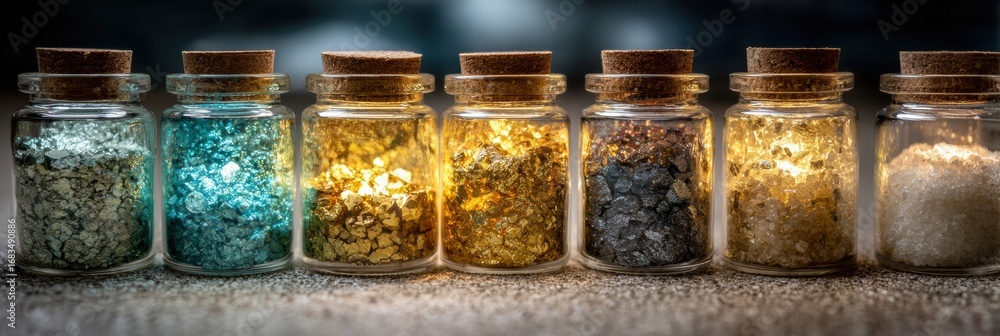 Poster A row of glass jars filled with various colorful crystals glows warmly under soft lighting, creating a captivating display of textures and hues.