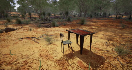 A solitary wooden table stands with a painted surface, accompanied by a weathered chair amid a parched terrain.