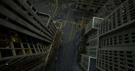 Fototapeta premium Towering buildings encircle the busy streets as twilight casts a soft glow. Cars venture through the thoroughfare while city life pulses in the background, creating an electric atmosphere.