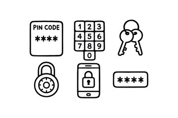hand drawn cute doodle style line isolated on white background: pin code number pad access key lock digit phone lock secure input