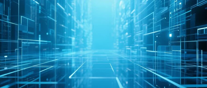 An abstract blue binary code pattern creates a futuristic digital technology design backdrop