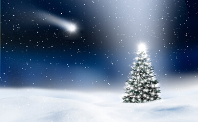Weihnachtsmotiv mit einer mit einem Bleuchteten WEihanchtsbaum im Schnee