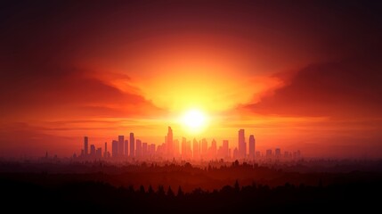 Fototapeta premium City skyline is silhouetted against a bright orange sun. The sun is low in the sky, casting a warm glow over the city. The sky is filled with clouds, adding a sense of depth