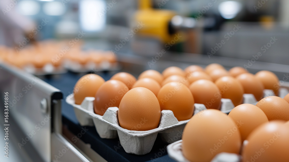 Aufkleber egg cartons stacked on conveyor belt robotic arms sorting and packing precisely with gentle handling