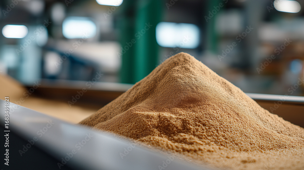 Poster giant sand mound under conveyor systems advanced robotic equipment adjusting grain size with sieves 