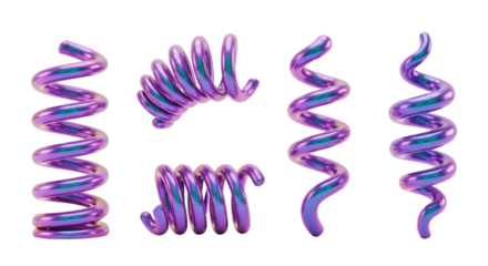 Collection of iridescent purple spiral springs on white background coils helix isolated on a transparent background