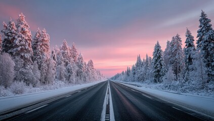 Snowy road through a winter forest at sunrise