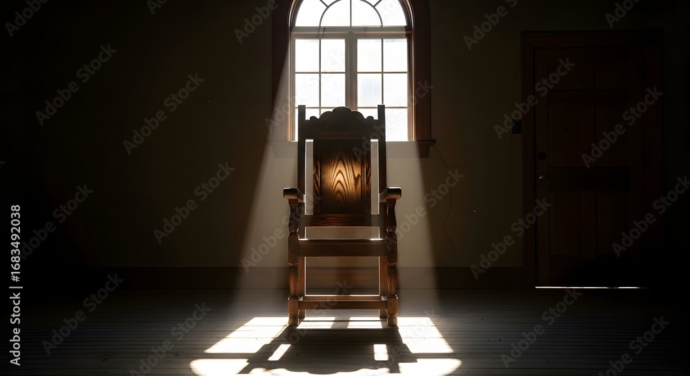 Poster chair bathed in light from a window in a dark room casting shadows on the floor