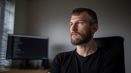 A focused developer at a minimalist workstation with soft window light and a neutral background.