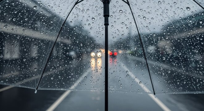 Raindrops coat a clear umbrella, city lights blurred through the wet street, with central converging lines