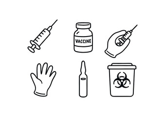 hand drawn cute doodle style line isolated on white background: sterile syringe vaccine vial injection hand medical glove dose ampule sharps bin