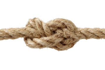Close-up of a complex knot tied in a light beige rope. The knot is central, with the rope extending smoothly on either side