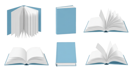 Collection of Open and Closed Blue Books graphic design isolated on a transparent background