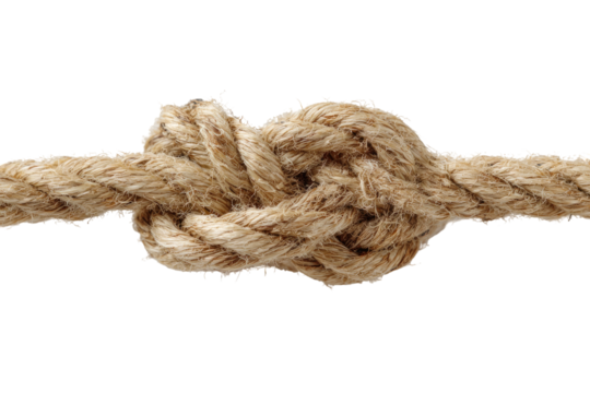 Close-up of a complex knot tied in a light beige rope. The knot is central, with the rope extending smoothly on either side
