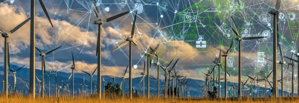 Wind turbines in a field, overlaid with network and data visualizations