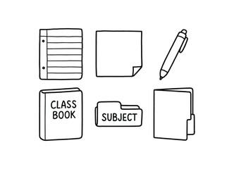 hand drawn cute doodle style line isolated on white background: ruled paper sticky note pen class book subject tab pocket folder