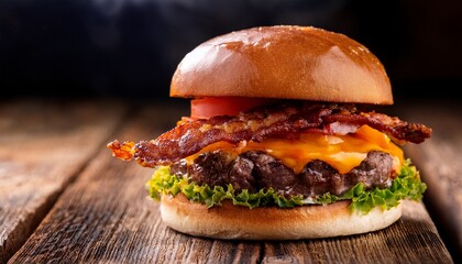 juicy bacon cheeseburger on rustic wood 3