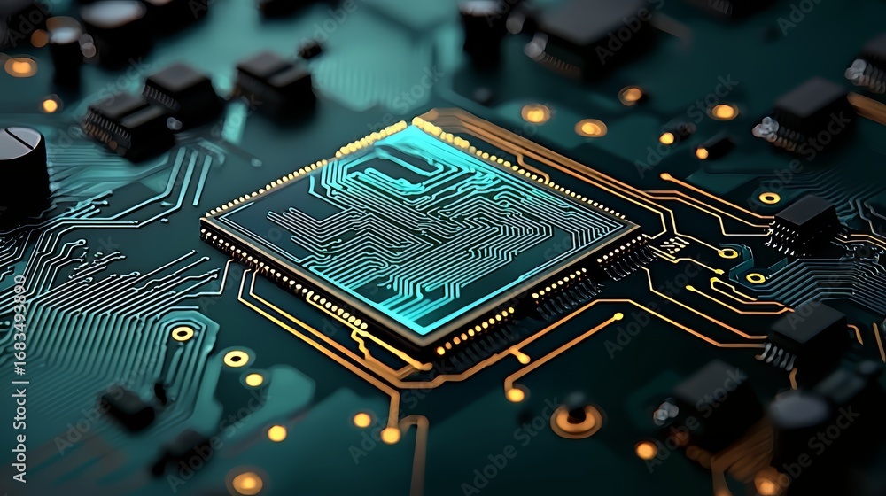 Poster close up of a computer chip with a blue and yellow color scheme. concept of technology and innovatio