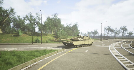 A military tank moves steadily along a winding road surrounded by lush greenery. Sunlight filters through trees, creating a serene atmosphere despite the imposing vehicle.