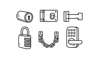 hand drawn cute doodle style line isolated on white background: lock cylinder door hasp latch bolt combination padlock security chain keypad lock