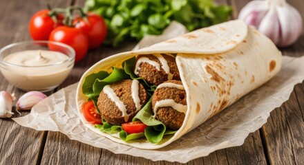 Delicious falafel wrap filled with fresh vegetables and creamy sauce on a wooden surface table top