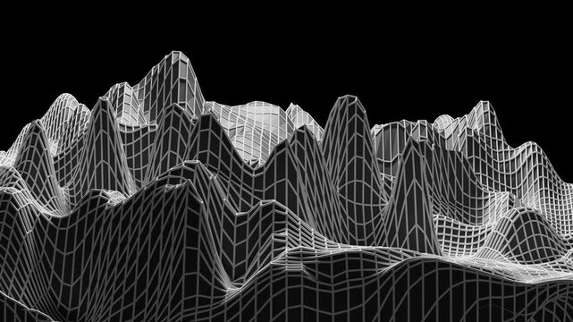 3D Loop Animation - Futuristic 3d mesh with white grid and wavy motion on dark background
