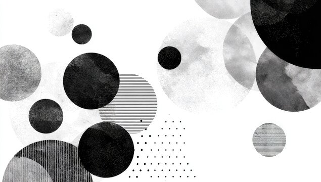Abstract grayscale circles and shapes on white background