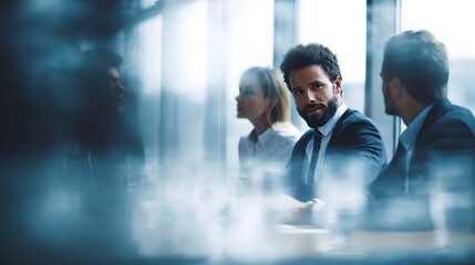 Diverse business professionals engage in a dynamic meeting within a modern naturally lit office fostering collabo n and strategic discussion