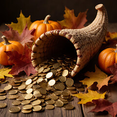 Cornucopia Overflowing with Gold Coins &ndash; Autumn Harvest Abundance