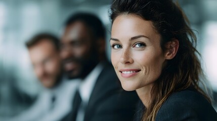A confident professional woman smiles at the while her diverse team collaborates in a modern office meeting setting