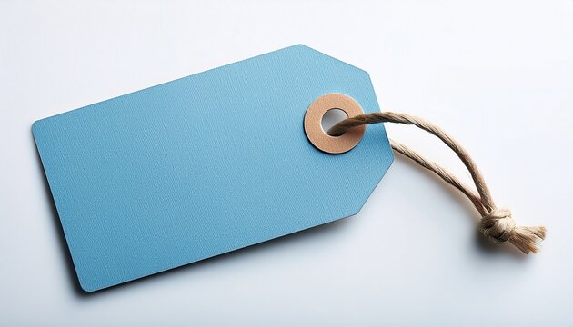 a light blue blank eco friendly kraft paper tag with a string perfect for labelling products or gifts isolated on white background