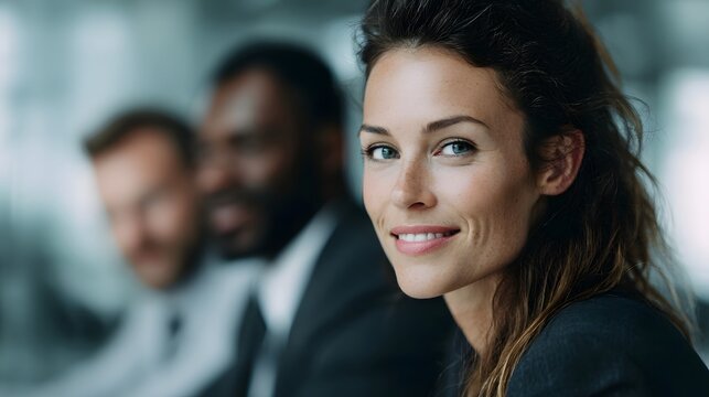 A confident professional woman smiles at the while her diverse team collaborates in a modern office meeting setting - Powered by Adobe
