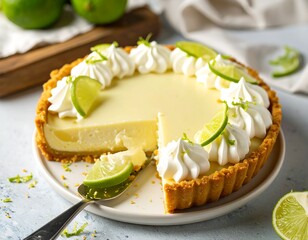A delicious slice of key lime pie, showcasing a creamy filling, a flaky crust, and fresh lime garnish.