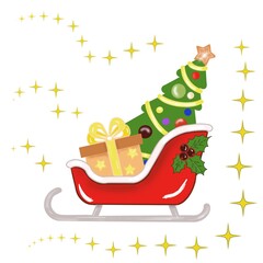 Christmas tree with decorated presents on a red sled, white background with starts, winter vacation inspiration, Christmas time