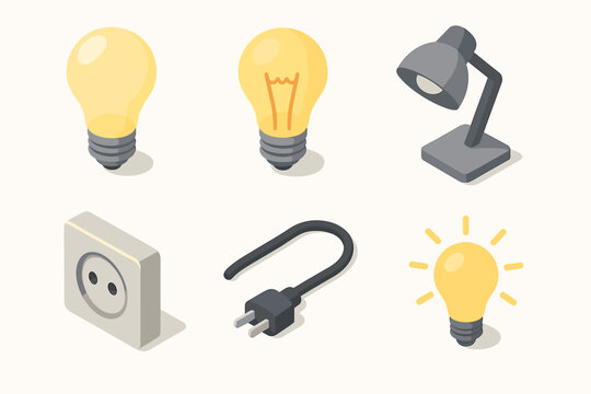 isometric icon items isolated on white background light bulb glowing filament lamp base socket power cord idea spark