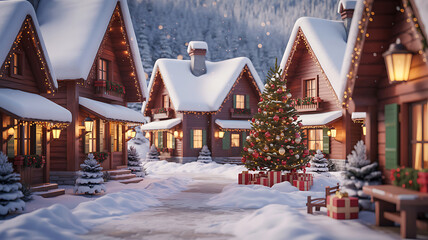 Fototapeta premium Cozy Snow Covered Village Christmas Scene winter village scene