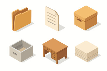 Fototapeta premium isometric icon items isolated on white background file folder document tab archive box storage drawer office desk paper stack