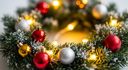 Fototapeta premium Festive Christmas Wreath with Lights and Ornaments