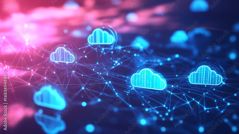 Poster designing a futuristic digital network with cloud integration for enhanced connectivity in a virtual