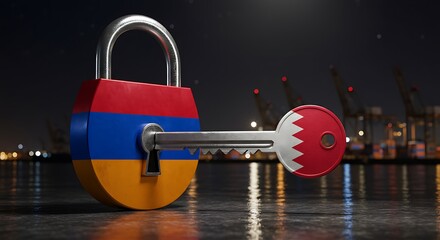 Armenia and Bahrain nations represented by lock and key concept at night