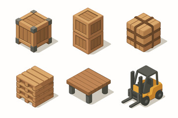 isometric icon items isolated on white background cargo crate steel corners forklift slot stacked load rope ties dock