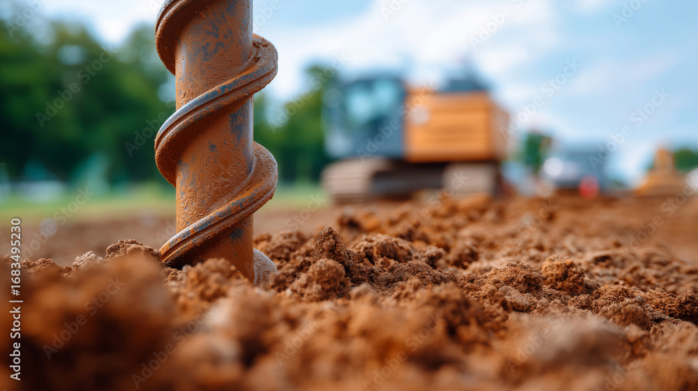 Poster spiral drilling auger twisting through dense earth vivid soil textures with clods and moisture in fo