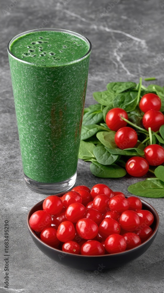 Poster fresh green smoothie made with spinach and cherry tomatoes on a textured surface, showcasing healthy