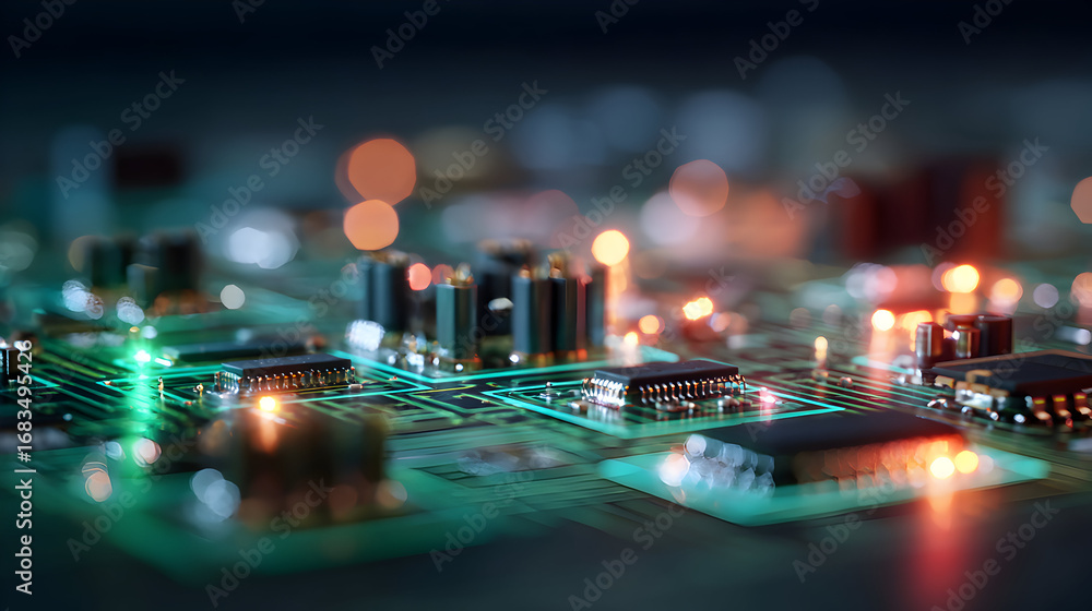 Poster Close-up of a Colorful Circuit Board Illuminated by LED Lights in a High-Tech Environment
