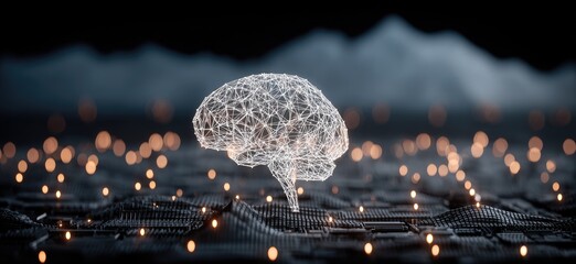 A translucent, wireframe brain graphic sits atop a dark, textured surface dotted with glowing lights