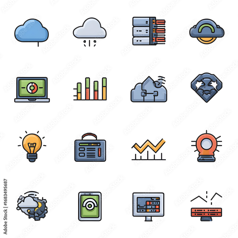 Poster collection of colorful minimalist icons representing technology and data management